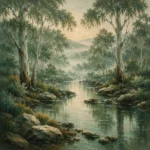 Eucalyptus Sage Eucalyptus Wall Art featuring eucalyptus-lined creek reflecting muted green light for refined interiors