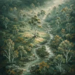 Eucalyptus Sage Eucalyptus Wall Art featuring grove of silver trunks dissolving into morning haze for refined interiors