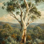 Eucalyptus Sage Eucalyptus Wall Art featuring pale ghost gum standing above sage undergrowth for refined interiors