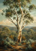 Eucalyptus Sage Eucalyptus Wall Art featuring pale ghost gum standing above sage undergrowth for refined interiors