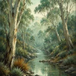 Eucalyptus Sage Eucalyptus Wall Art featuring eucalyptus-lined creek reflecting muted green light for refined interiors
