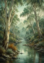 Eucalyptus Sage Eucalyptus Wall Art featuring eucalyptus-lined creek reflecting muted green light for refined interiors
