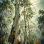 Eucalyptus Sage Eucalyptus Wall Art featuring grove of silver trunks dissolving into morning haze for refined interiors