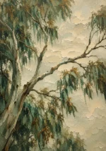 Eucalyptus Sage Eucalyptus Wall Art featuring sculptural branch canopy against a warm neutral sky for refined interiors