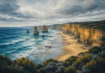 Ocean Road Great Ocean Road Wall Art featuring windswept beach framed by golden coastal cliffs for refined interiors