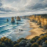 Ocean Road Great Ocean Road Wall Art featuring windswept beach framed by golden coastal cliffs for refined interiors