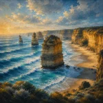 Ocean Road Great Ocean Road Wall Art featuring towering limestone stacks rising from teal surf for refined interiors