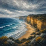 Ocean Road Great Ocean Road Wall Art featuring windswept beach framed by golden coastal cliffs for refined interiors