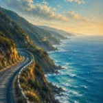 Ocean Road Great Ocean Road Wall Art featuring cliff road curving above a broad ocean horizon for refined interiors