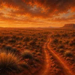 Outback Ember Australian Outback Wall Art featuring solitary dirt track crossing spinifex plains for refined interiors