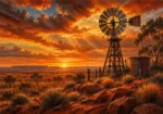 Outback Ember Australian Outback Wall Art featuring weathered windmill against an ember-colored sky for refined interiors