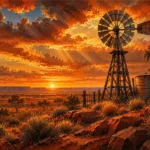 Outback Ember Australian Outback Wall Art featuring weathered windmill against an ember-colored sky for refined interiors