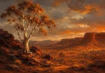 Outback Ember Australian Outback Wall Art featuring lone ghost gum illuminated beside dark stone for refined interiors
