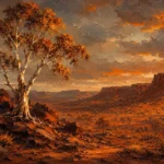 Outback Ember Australian Outback Wall Art featuring lone ghost gum illuminated beside dark stone for refined interiors