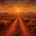 Outback Ember Australian Outback Wall Art featuring solitary dirt track crossing spinifex plains for refined interiors