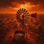 Outback Ember Australian Outback Wall Art featuring weathered windmill against an ember-colored sky for refined interiors