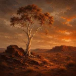 Outback Ember Australian Outback Wall Art featuring lone ghost gum illuminated beside dark stone for refined interiors
