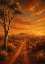 Outback Ember Australian Outback Wall Art featuring solitary dirt track crossing spinifex plains for refined interiors