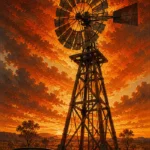 Outback Ember Australian Outback Wall Art featuring weathered windmill against an ember-colored sky for refined interiors