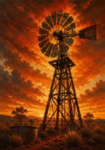 Outback Ember Australian Outback Wall Art featuring weathered windmill against an ember-colored sky for refined interiors