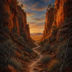 Outback Ember Australian Outback Wall Art featuring dry riverbed winding between ochre escarpments for refined interiors