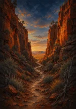Outback Ember Australian Outback Wall Art featuring dry riverbed winding between ochre escarpments for refined interiors