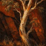 Outback Ember Australian Outback Wall Art featuring lone ghost gum illuminated beside dark stone for refined interiors