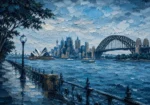 Sydney Blue Sydney Harbour Wall Art featuring waterfront promenade facing layered city silhouettes for refined interiors