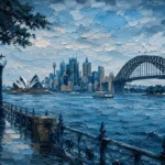 Sydney Blue Sydney Harbour Wall Art featuring waterfront promenade facing layered city silhouettes for refined interiors