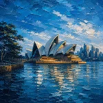 Sydney Blue Sydney Harbour Wall Art featuring sculptural opera house reflected in calm water for refined interiors