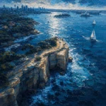 Sydney Blue Sydney Harbour Wall Art featuring sandstone headland overlooking distant sails for refined interiors