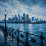 Sydney Blue Sydney Harbour Wall Art featuring waterfront promenade facing layered city silhouettes for refined interiors