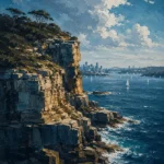 Sydney Blue Sydney Harbour Wall Art featuring sandstone headland overlooking distant sails for refined interiors