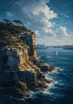 Sydney Blue Sydney Harbour Wall Art featuring sandstone headland overlooking distant sails for refined interiors