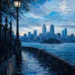 Sydney Blue Sydney Harbour Wall Art featuring waterfront promenade facing layered city silhouettes for refined interiors