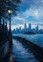 Sydney Blue Sydney Harbour Wall Art featuring waterfront promenade facing layered city silhouettes for refined interiors