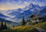 Bavarian Alpine Bavarian Alps Wall Art featuring painted chalet overlooking green mountain meadows for refined interiors