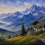 Bavarian Alpine Bavarian Alps Wall Art featuring painted chalet overlooking green mountain meadows for refined interiors
