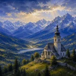Bavarian Alpine Bavarian Alps Wall Art featuring baroque church tower rising against blue ridges for refined interiors