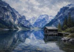 Bavarian Alpine Bavarian Alps Wall Art featuring solitary boathouse reflected in clear mountain water for refined interiors