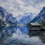 Bavarian Alpine Bavarian Alps Wall Art featuring solitary boathouse reflected in clear mountain water for refined interiors