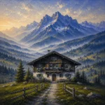 Bavarian Alpine Bavarian Alps Wall Art featuring painted chalet overlooking green mountain meadows for refined interiors