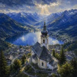 Bavarian Alpine Bavarian Alps Wall Art featuring baroque church tower rising against blue ridges for refined interiors