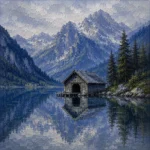 Bavarian Alpine Bavarian Alps Wall Art featuring solitary boathouse reflected in clear mountain water for refined interiors