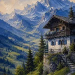 Bavarian Alpine Bavarian Alps Wall Art featuring painted chalet overlooking green mountain meadows for refined interiors