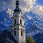 Bavarian Alpine Bavarian Alps Wall Art featuring baroque church tower rising against blue ridges for refined interiors