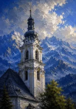 Bavarian Alpine Bavarian Alps Wall Art featuring baroque church tower rising against blue ridges for refined interiors