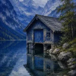 Bavarian Alpine Bavarian Alps Wall Art featuring solitary boathouse reflected in clear mountain water for refined interiors