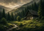 Black Forest Pine Black Forest Wall Art featuring timber farmhouse at the edge of dense fir woods for refined interiors