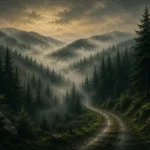 Black Forest Pine Black Forest Wall Art featuring narrow forest road disappearing into fog for refined interiors